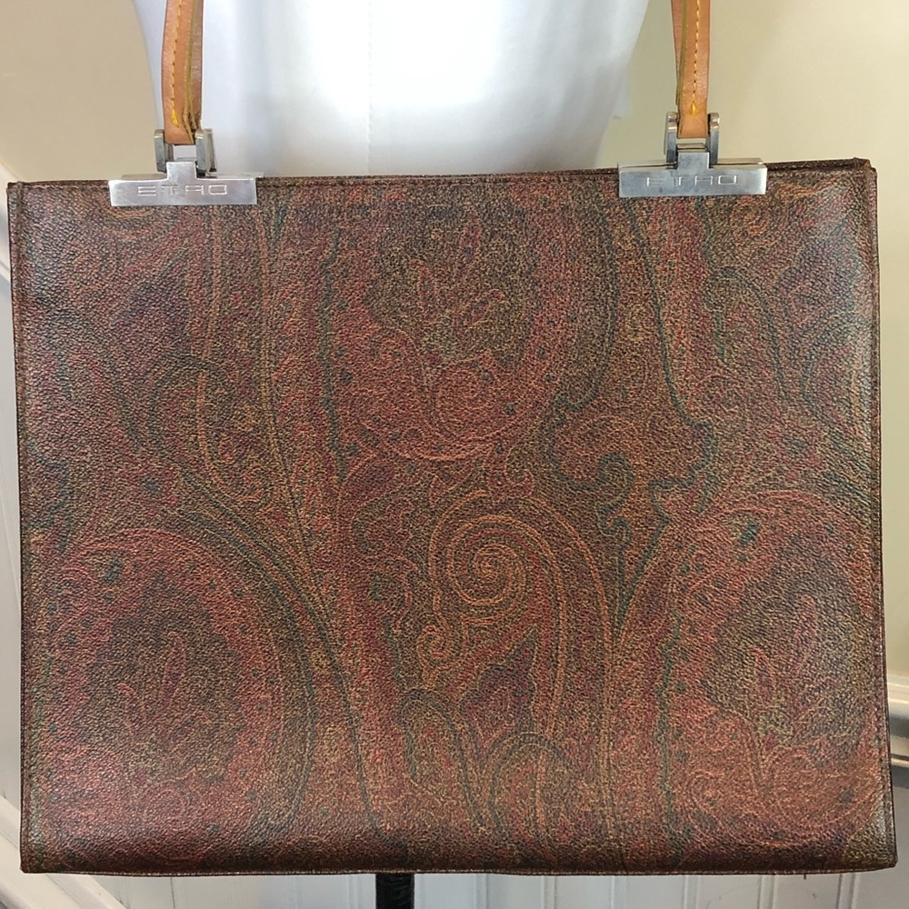 ETRO Red Paisley Vachetta Leather Two Strap Snap Tote Shopper Shoulder Bag - Picture 15 of 17